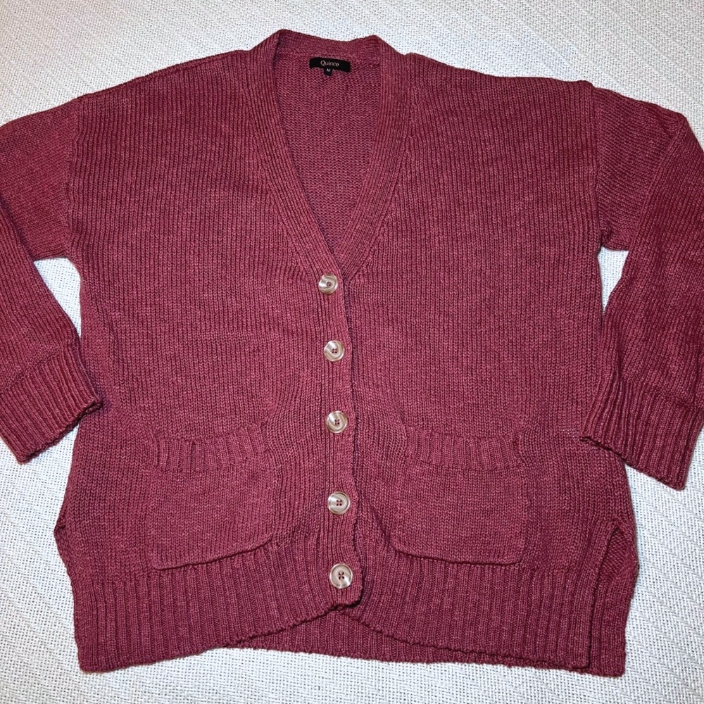 Quince Cotton Linen Relaxed Cardigan Dark Mauve Pink Sweater Womens Medium
